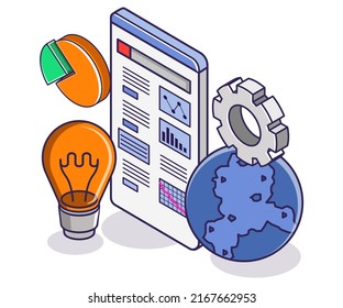 Analyze world data on smartphone in isometric illustration