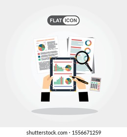 Analyzes data. Analysis concept, flat design. Process research financial growth, statistics, data analysis, document, market, strategic, report. Development Planning. Vector
