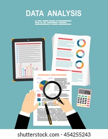 Analyzes data. Analysis concept, flat design. Process research financial growth, statistics, data analysis, document, market, strategic, report. Development Planning. Vector
