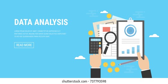 Analyzes data. Analysis concept, flat design. Process research financial growth, statistics, data analysis, document, market, strategic, report. Development Planning. Vector