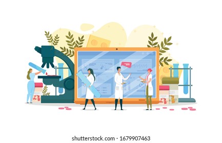 Análisis y diagnósticos en Ilustración de vectores de dibujos planos de laboratorio. Pantalla de la tabla con Bacterio, ADN, corazón con línea de impulsos. Microscopio grande para análisis de gota de sangre. Trabajador con Tubo.