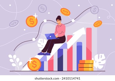 Analyzes digital data concept. Woman with laptop near graphs and diagrams. Statistics and infographics. investor and trader, economics. Financial literacy, occupation. Cartoon flat vector illustration
