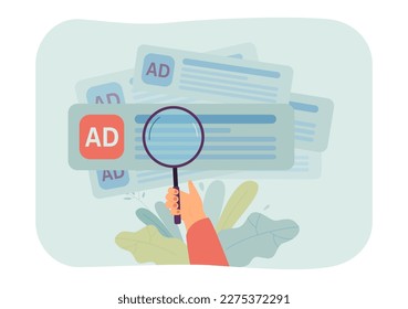 Analyzing advertisements vector illustration. Hand holding magnifier to look at different ads and compare. Online ad market, social media campaign, digital marketing, advertising concept