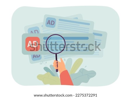 Analyzing advertisements vector illustration. Hand holding magnifier to look at different ads and compare. Online ad market, social media campaign, digital marketing, advertising concept