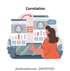 Analyzing asset correlation for informed investment decisions. Woman evaluates intertwined performance of Asset A and Asset B, emphasizing interdependent market behaviors. Financial assessment insight