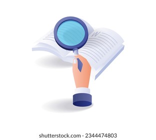 Analyzing book information flat and isometric illustration
