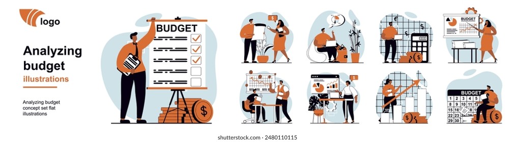 Analyzing budget concept with people scenes mega set in flat web design. Bundle of character situation with bookkeeping doing accounting, calculate financial statistics in report. Vector illustrations