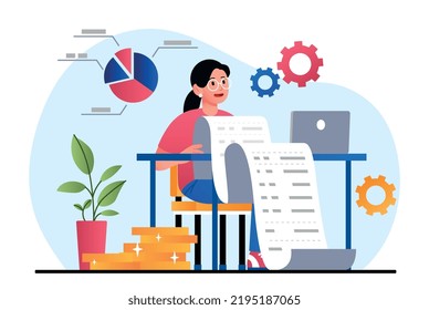 Analyzing budget web. Woman sitting with big check, counting income and expenses. Businesswoman or entrepreneur reading bill. Financial literacy and economics. Cartoon flat vector illustration