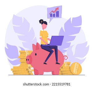 Analyzing budget. Woman with a laptop sitting on a piggy bank, next to coins