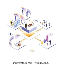Analyzing bull versus bear on a market isometric 3d vector concept for banner, website, illustration, landing page, flyer, etc.