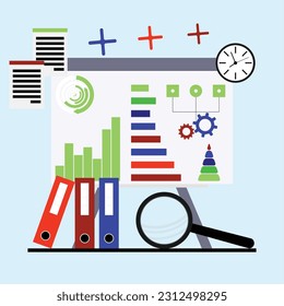 Análisis de organigramas y métricas en pizarra, conversión y dispersión. Ilustración vectorial. Datos del informe objetivo, marketing analista, estadística financiera, concepto de papeleo, estrategia de crecimiento