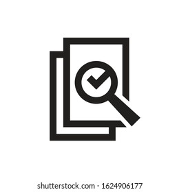 Analyzing business document pages magnifier icon design. Analyze contract verify lens check mark flat icon sign. Office modern technology. Vector illustration line style black symbol. 