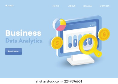 Analyzing business, finance and marketing data with data analytics application, web based analytics tool, measure growth with digital report - 3D design illustration with icons