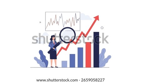 Analyzing business growth and financial performance with a magnifying glass and a rising bar chart indicating success