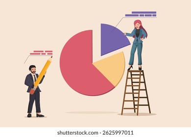 Analyzing Business Proportions a Man with a Large Pencil and a Woman on a Ladder Examining a Pie Chart.
