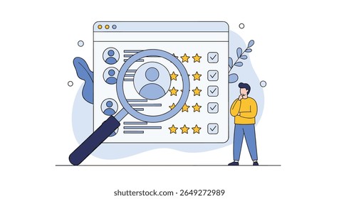 Analyzing Candidate Profiles With a Magnifying Glass and a Person Standing Beside the Screen