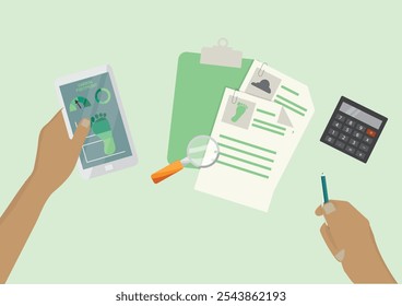 Análisis de la huella de carbono y los datos ambientales para la sostenibilidad. Impacto ambiental. Emisiones de carbono y análisis de datos ambientales. Seguimiento del impacto de carbono. Ilustración vectorial