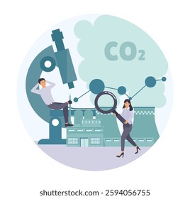 Analyzing co2 and carbon emissions. Professionals studying CO2 emissions and their environmental impact using scientific methods. Flat vector modern illustration  