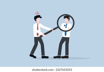 Analyzing competitor in marketing, understanding strength and weakness of competitor to develop effective strategy concept, Businessman seeing black spot on competitor body through magnifier.