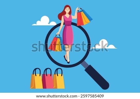 Analyzing consumer behavior. Woman with shopping bags in a magnifying glass, symbolizing customer insights and optimizing the customer experience.