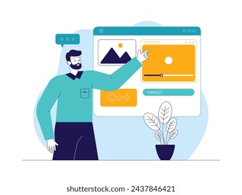 Analyzing content types for developer considerations, web development vector illustration, vector illustration.