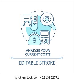 Analyzing current costs turquoise concept icon. Eco power. Pick green supplier factor abstract idea thin line illustration. Isolated outline drawing. Editable stroke. Arial, Myriad Pro-Bold fonts used