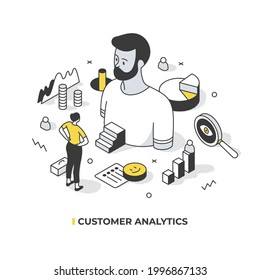 Analyzing customer data to better understand target audience and predict it behavior. Creating customer male profile. Marketing concept. Abstract isometric illustration