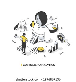 Analyzing Customer Data To Better Understand Target Audience And Predict It Behavior. Creating Customer Female Profile. Marketing Concept. Abstract Isometric Illustration