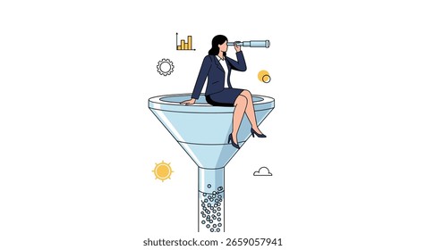 Analyse der Customer Journey Through Sales Funnel mit Business Woman Verwenden von Spyglass für strategische Wachstumschancenermittlung
