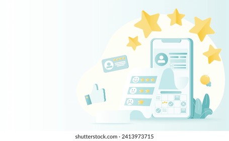 El análisis de datos, calificaciones y comentarios de los clientes para mejorar la lealtad de los clientes. Revisión del cliente en línea y dar estrella de calificación. Ilustración de diseño de vector plano con espacio de copia.