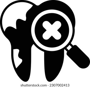 analyzing damaged teeth concept, Magnifying glass with Cross Sign and Bad tooth vector icon design, odontology symbol, oral medicine sign, Dental instrument stock illustration