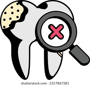 analyzing damaged teeth concept, Magnifying glass with Cross Sign and Bad tooth vector icon design, Dentures symbol,Oral Healthcare sign, Dental instrument stock illustration
