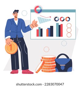 Analyzing data and business report concept with analyst or businessman character, vector illustration isolated on white. Business analytics, statistic, marketing research.