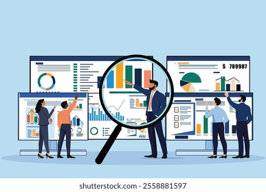 Analyzing data charts and financial graphs on large screens, highlighting business growth, data visualization, and teamwork. Perfect for analytics, economic analysis, teamwork, and market research.