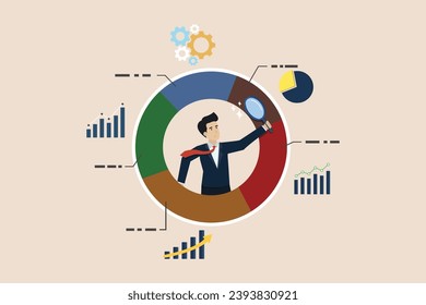 Análisis de datos, gráficos y gráficos o diagramas, informes de bases de datos o concepto de visualización predictiva, empresario con datos de gráficos circulares de análisis de cristal de aumento.