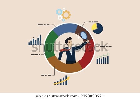 Analyzing data, charts and graphs or diagrams, database report or predictive visualization concept, businessman with magnifying glass analyzing pie chart data.