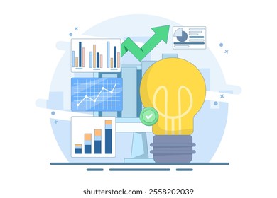 Analyzing Data Concept, Creating New Ideas. Working on New Startup, Business Mission, Creative Ideas and Analysis. Researching new creative ideas. Flat Cartoon Vector Illustration on Background.