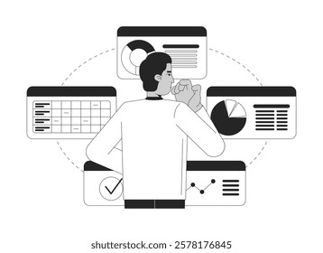 Analyzing data insights for decision making black and white 2D illustration concept. Dashboards reviewing. Business man working on projects outline character isolated. Metaphor monochrome vector art