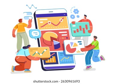 Analyzing data. Online analysis and statistics on smartphone screen. Financial development and management. Investment