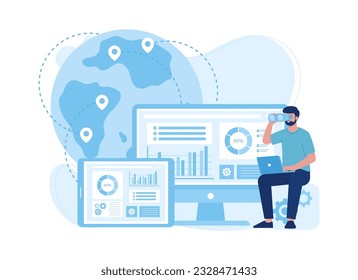 Analyzing data with people, globe and computer trending concept flat illustration
