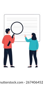 Analyzing data together with a magnifying glass and pointing finger illustration