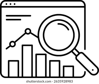 Analyzing data trends with magnifying glass on bar graph icon