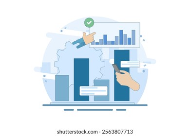 Analyzing diagrams and charts concept. Planning business strategies and managing data and finance. Analyzing and researching Data analysis. Infographics and charts on dashboard. Vector Illustration.