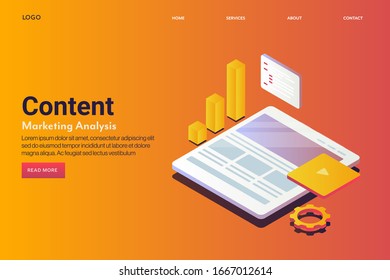 Analyzing digital content, Digital analytics, Marketing data, - conceptual isometric vector landing page