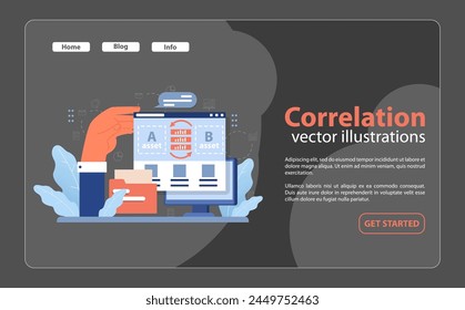 Analyzing diversification with correlation. Expert hand evaluates the interrelation of Asset A and Asset B on a digital interface. Fine-tuning portfolio dynamics. Flat vector illustration.