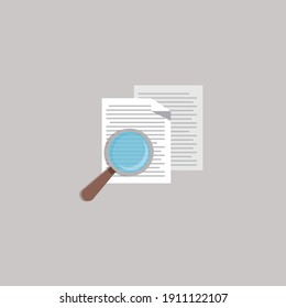 Analyzing document. Magnifying glass over clipboard with document. Vector flat illustration of lupe document search document. Vector illustration of search concept with magnifying glass