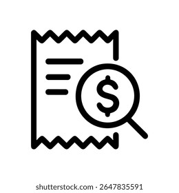 Analyzing a dollar amount on invoice. Icon symbol illustration