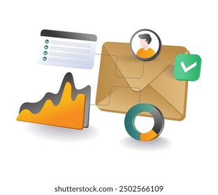 Analyzing email marketing networks flat  illustration