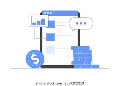 Analyzing finances, savings, creating budget and filling financial checklist on digital device. Financial management concept. Flat Cartoon Vector Illustration, icon. Stylish abstract