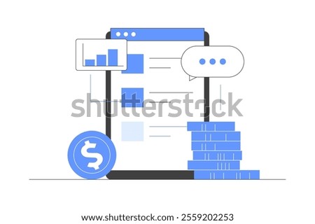 Analyzing finances, savings, creating budget and filling financial checklist on digital device. Financial management concept. Flat Cartoon Vector Illustration, icon. Stylish abstract